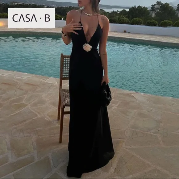 NEW!💫CASA B| Madeline Rosette flower Appliqué Deep V Sheer Long Slip Maxi Dress - Picture 8 of 11